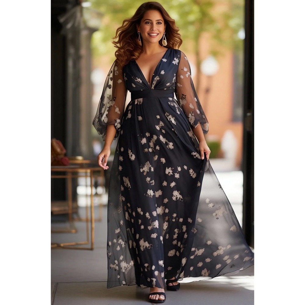 Flycurvy Navy Blue Floral Embroidered V-Neck Maxi Dress 4XL NWT Long Puff Sleeve